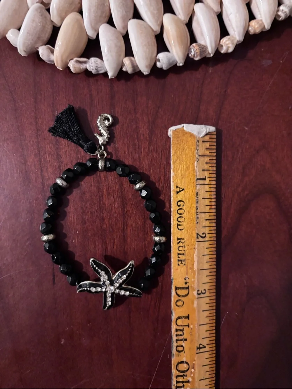 Black Beaded Starfish/Seahorse  Charm Bracelet with Tassel